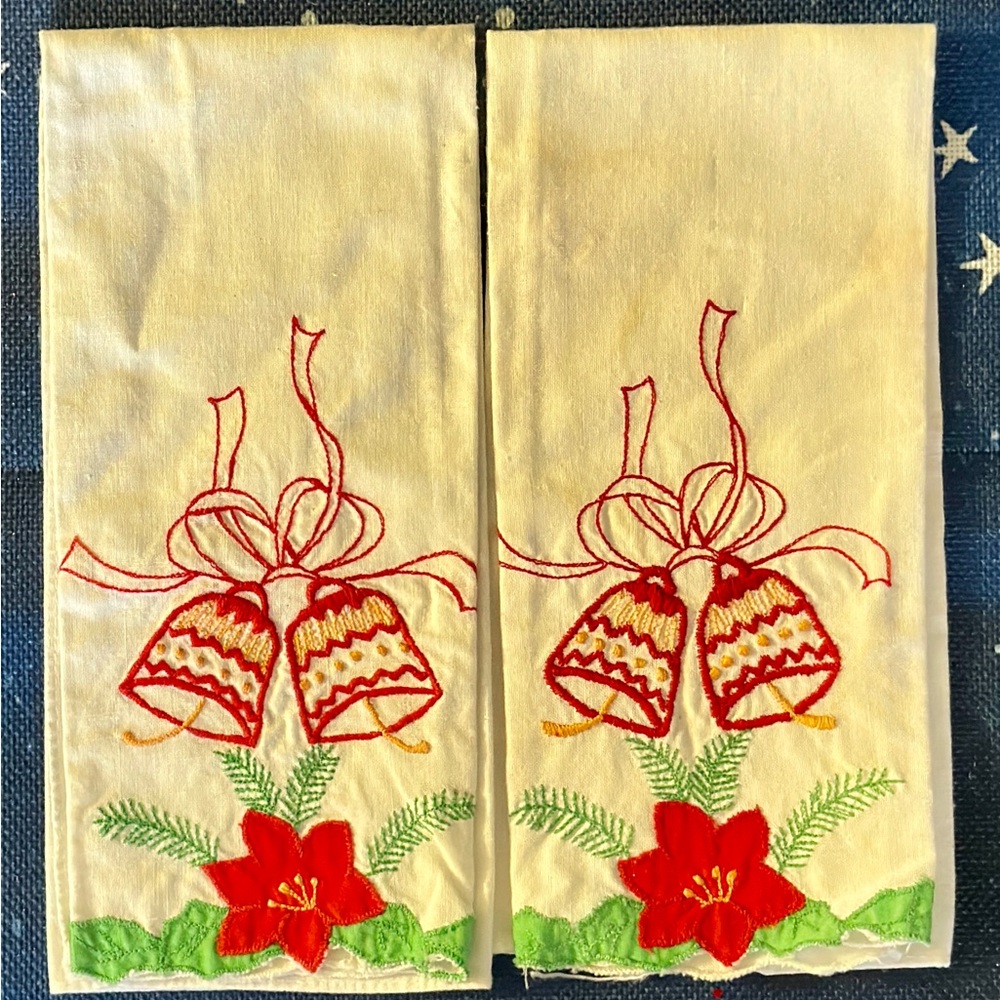 Vintage Embroidered handkerchief With bells and poinsettias.